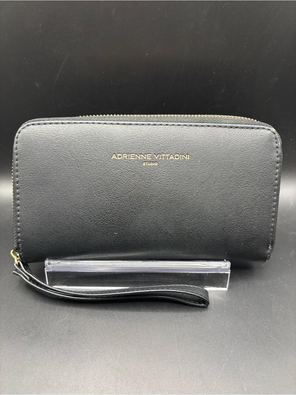Adrienne Vittadini Black Zip Around Wristlet with Gold Logo